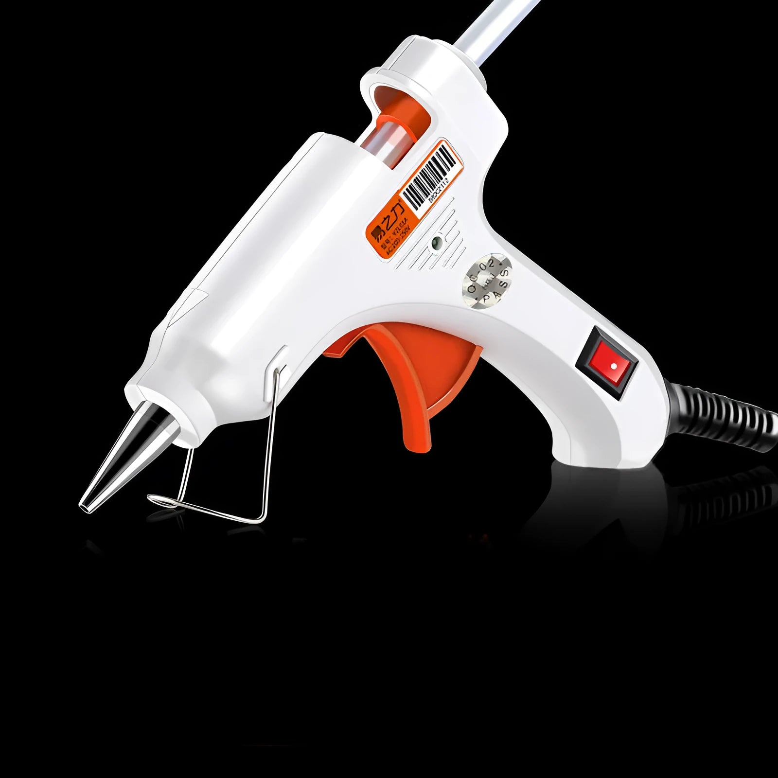 White electric hot melt glue gun with safety switch, anti-heat guard, and metal stability bracket