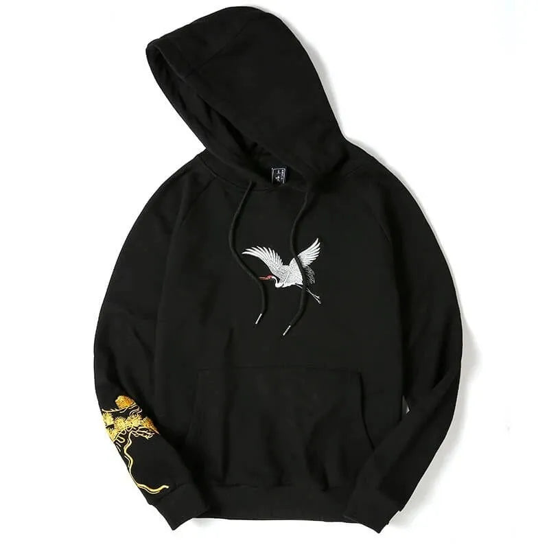 Chinese style men's black cotton hooded sweatshirt with fairy embroidery and animal pattern, loose fit