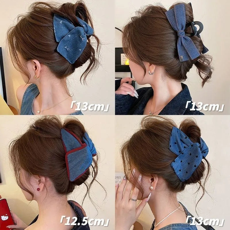 Handmade denim bow triangle hair accessory with fabric and acrylic decoration on plastic hairpin