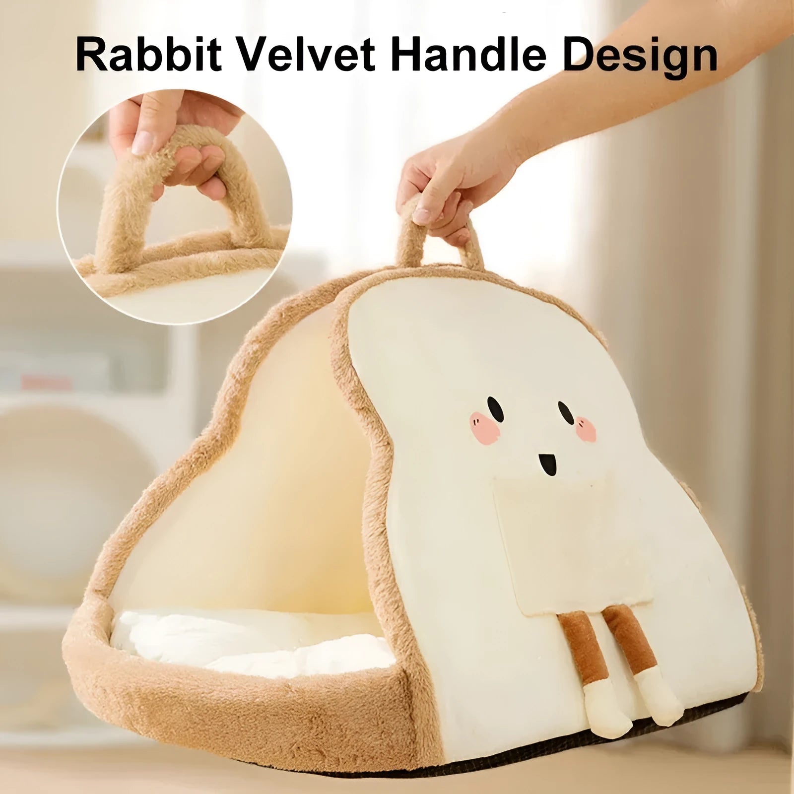Green winter cat tent cave bed with plush blanket inside, shown in size L.