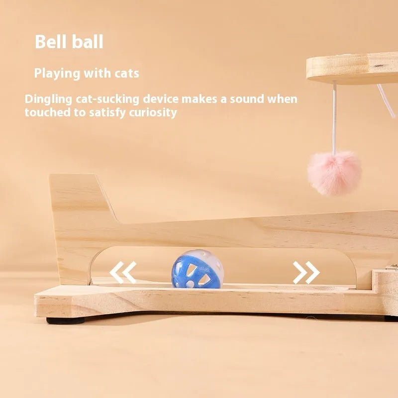 Solid wood cat scratch board toy with turntable design and rotating catch ball in panda column design