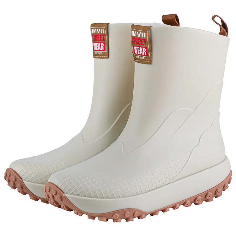 Men's mid-cut waterproof rain boots in four colours with non-slip plastic soles