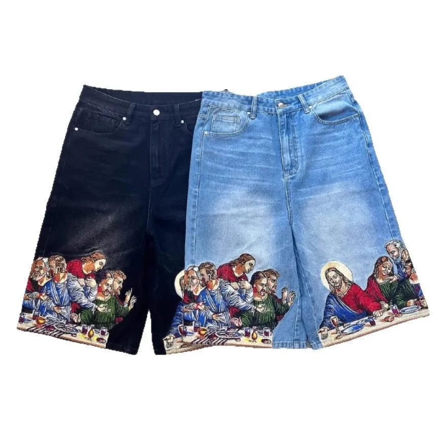 Men's blue cotton shorts with Jesus print on back pocket showing tapered leg design