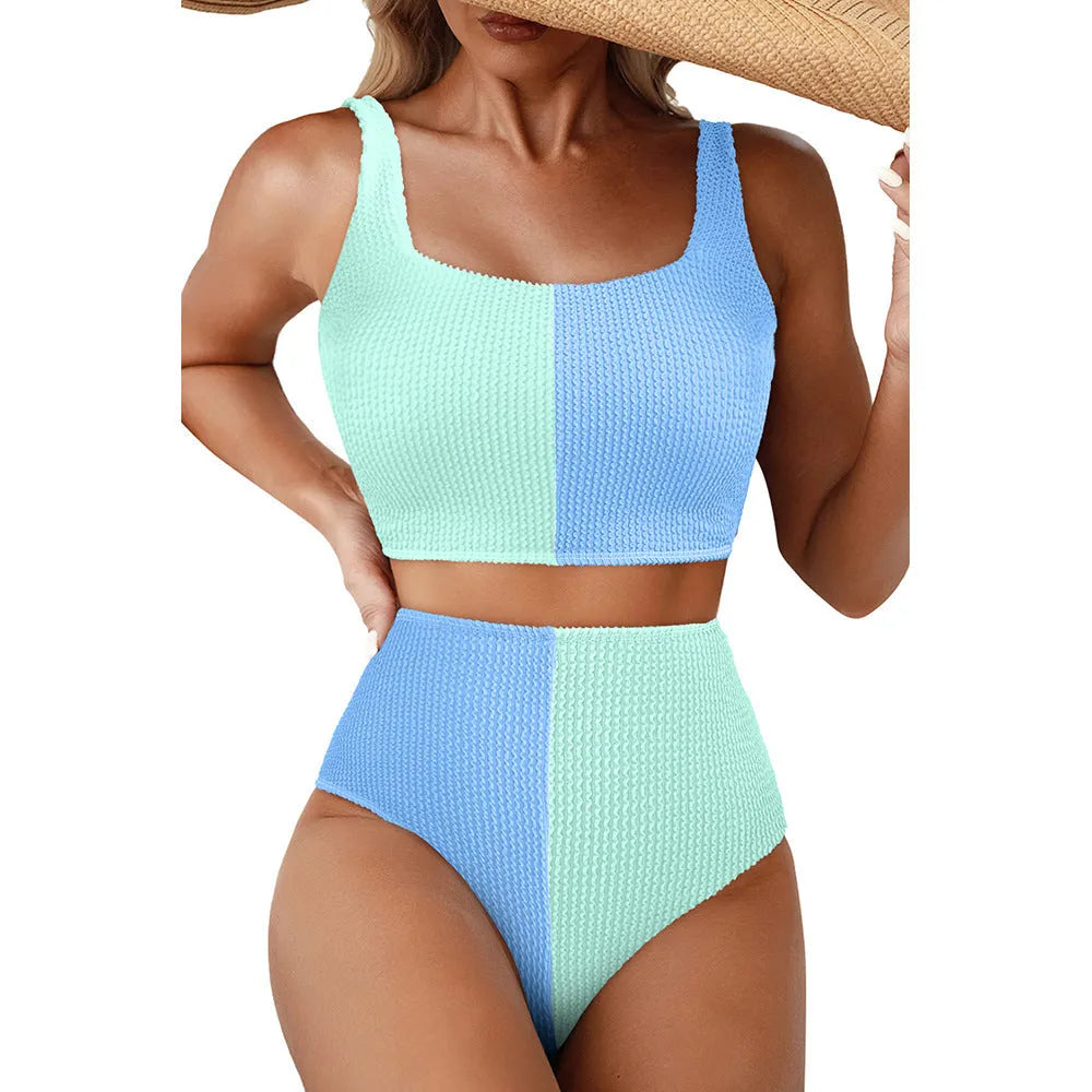 Women's simple fashion swimsuit set in black, sleeveless two-piece polyester swimwear