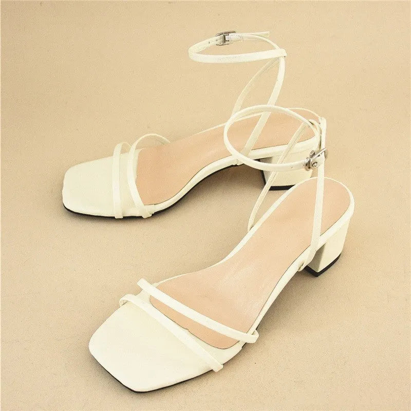 Beige women's sandals with a stiletto chunky heel, square toe, and a single ankle buckle.