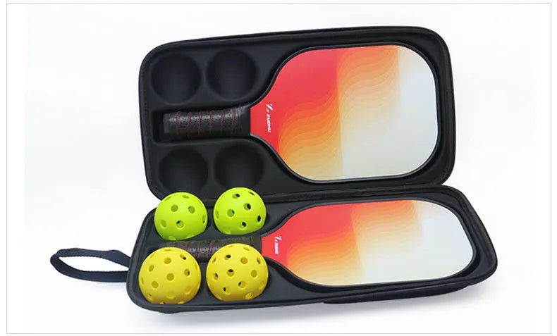 Black EVA pickleball shoulder bag with two straps, holding a racket and balls.