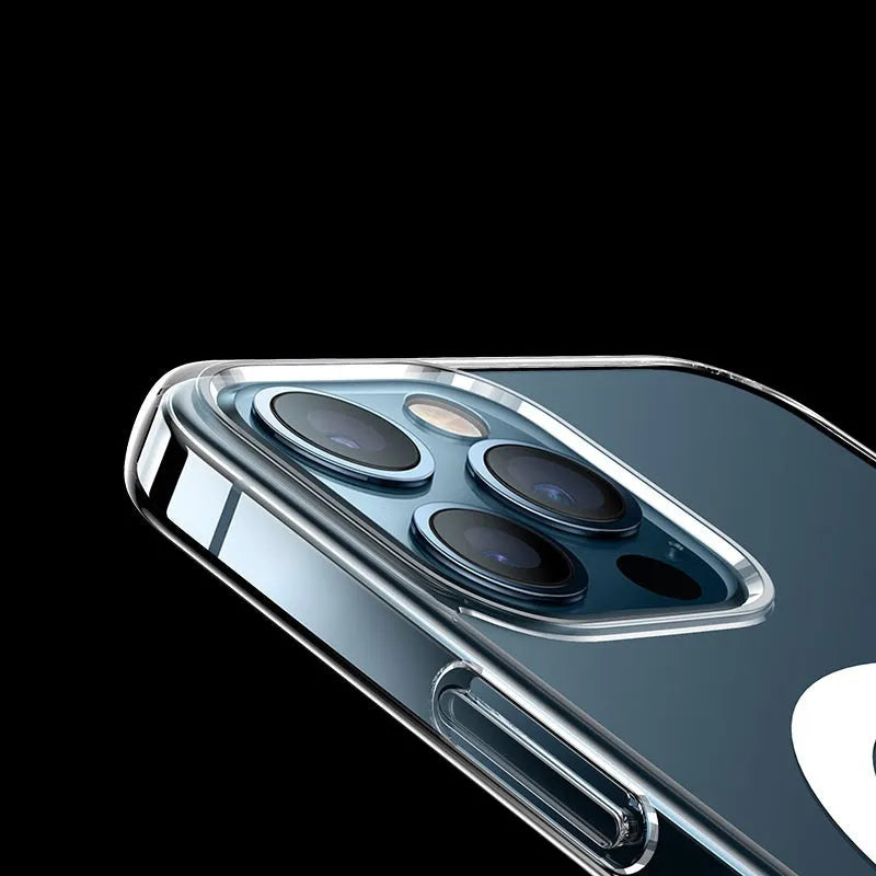 Transparent magnetic back cover case for iPhone showing MagSafe compatibility ring