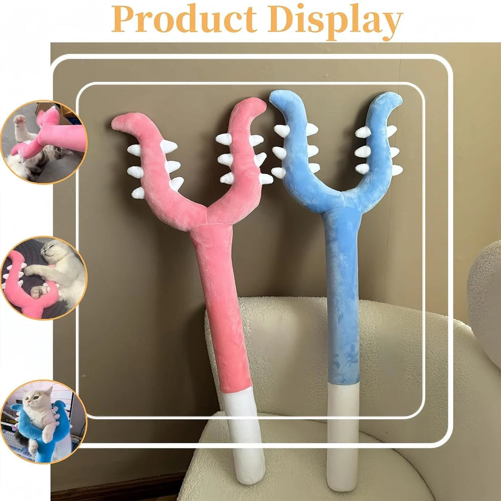 70cm plush cat wand toy in blue and pink colours for interactive indoor play