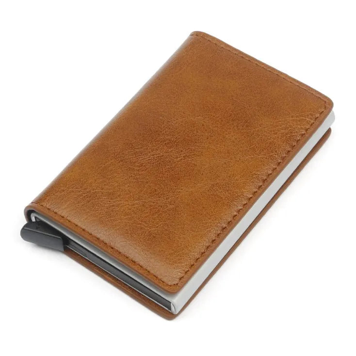 PU aluminium alloy automatic card holder with RFID protection in brown colour, showing pop-up card slot.