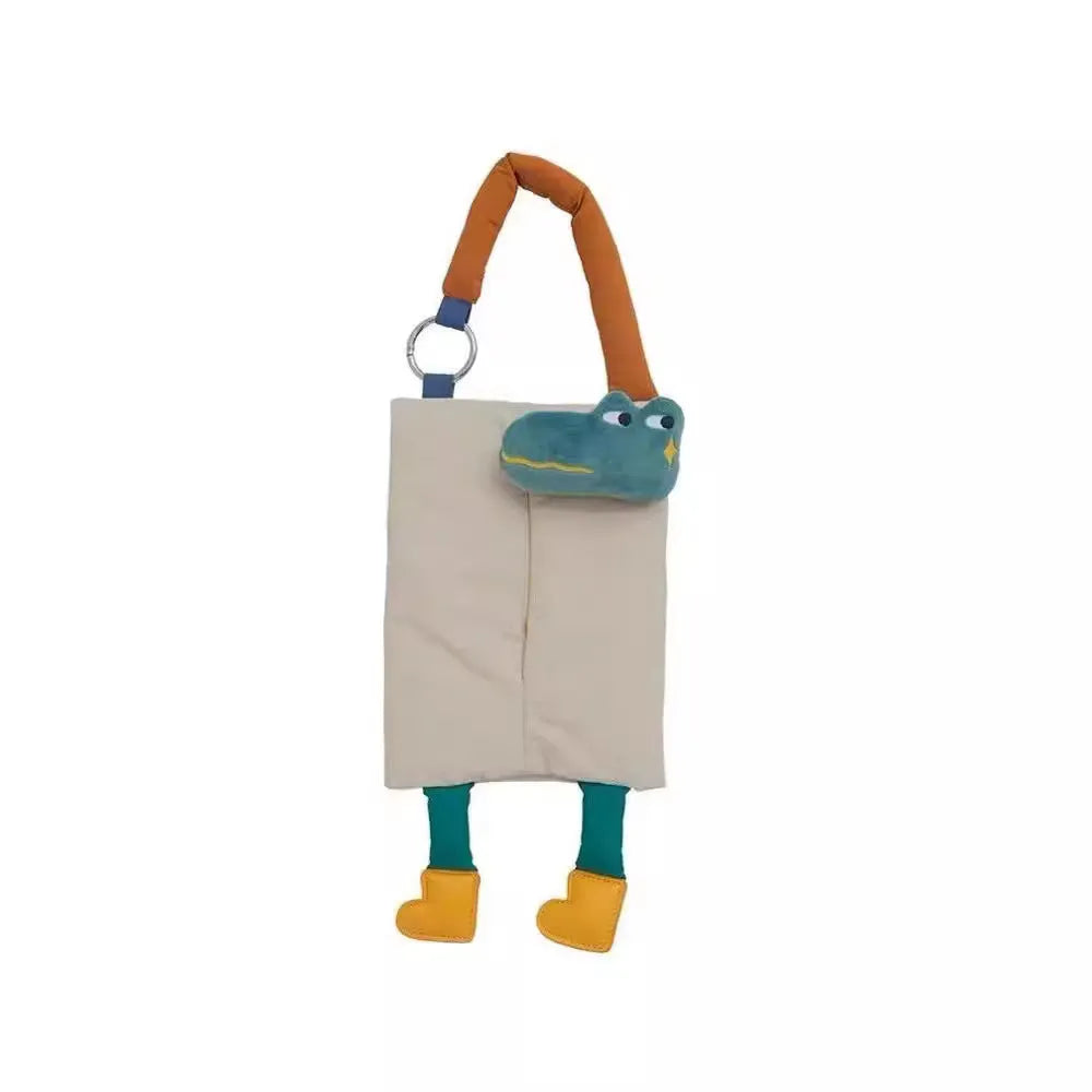 Plush hanging car tissue bag in hat dog or baby crocodile design measuring 25 by 19 centimetres
