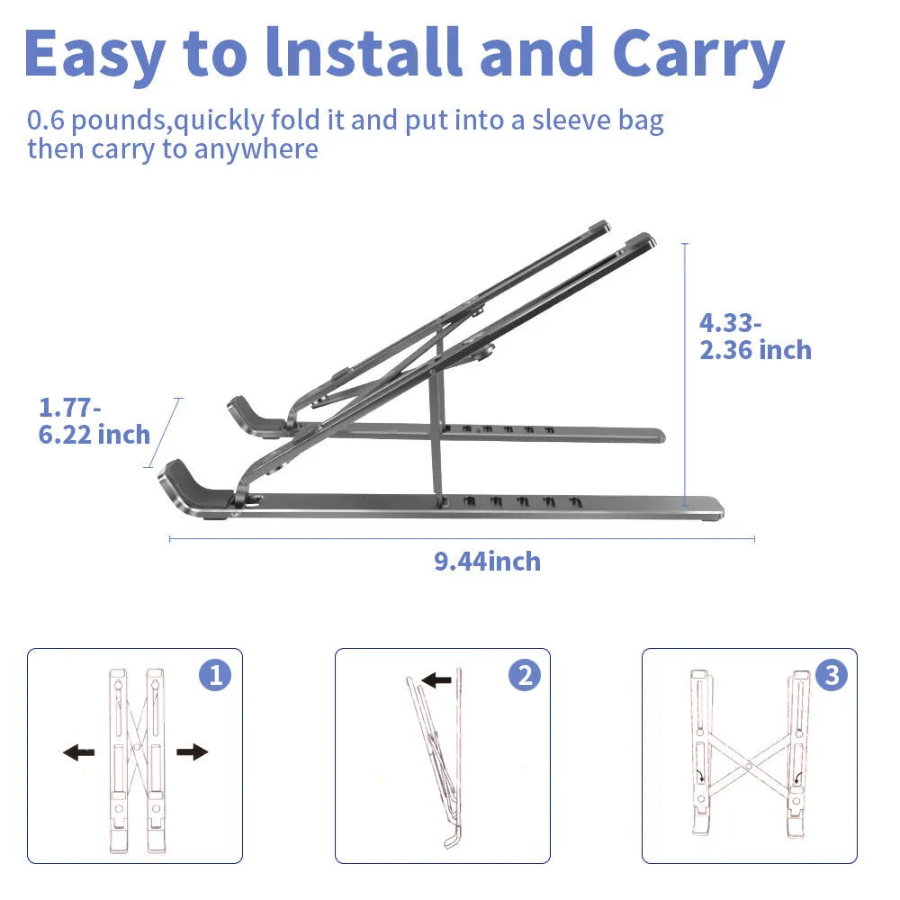 Aluminium alloy laptop stand with six height adjustment gears in black colour option