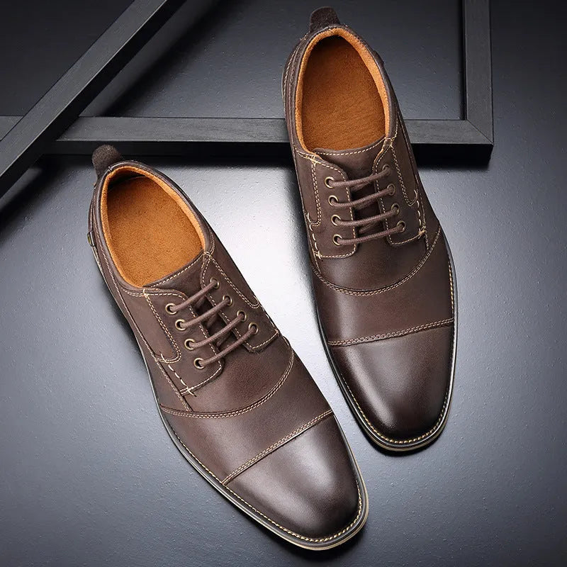 Men's leather lace-up casual shoes black cowhide upper rubber sole side view
