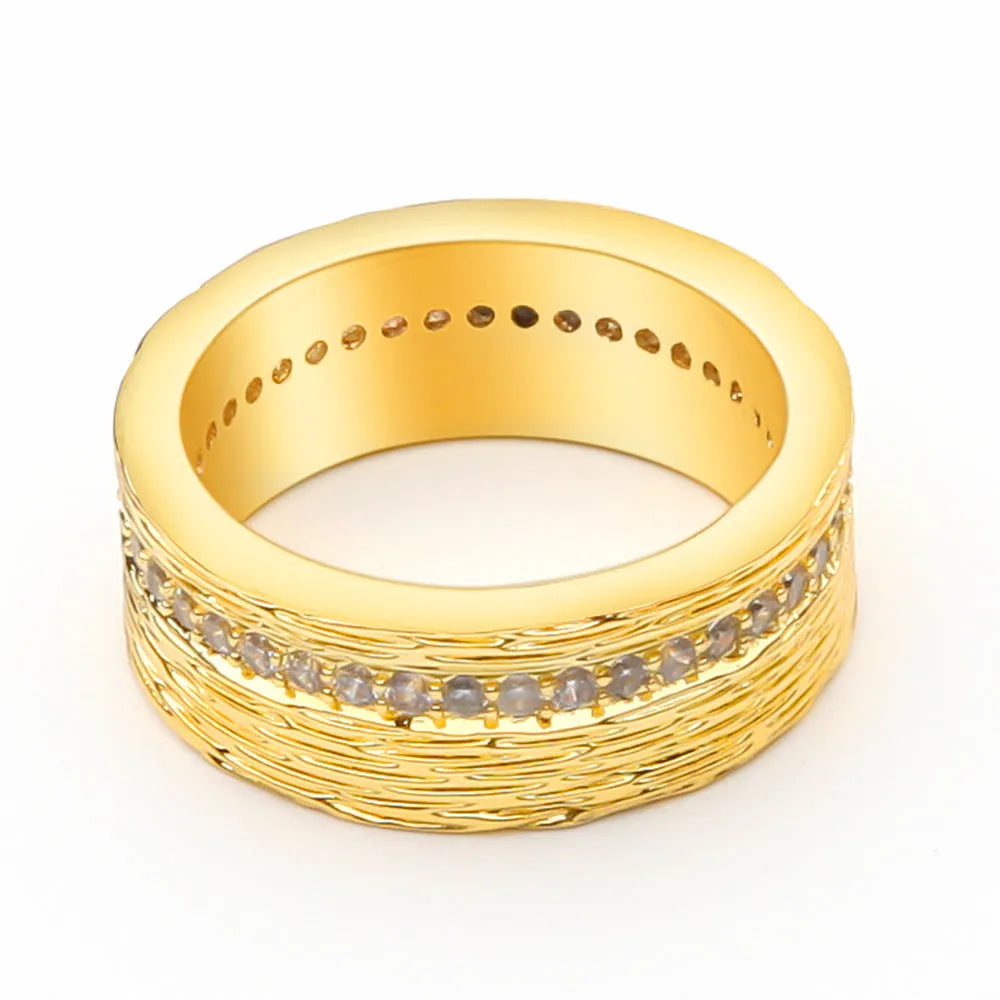 Gold geometric women's ring with zircon accents on copper base in sizes 6, 7, and 8