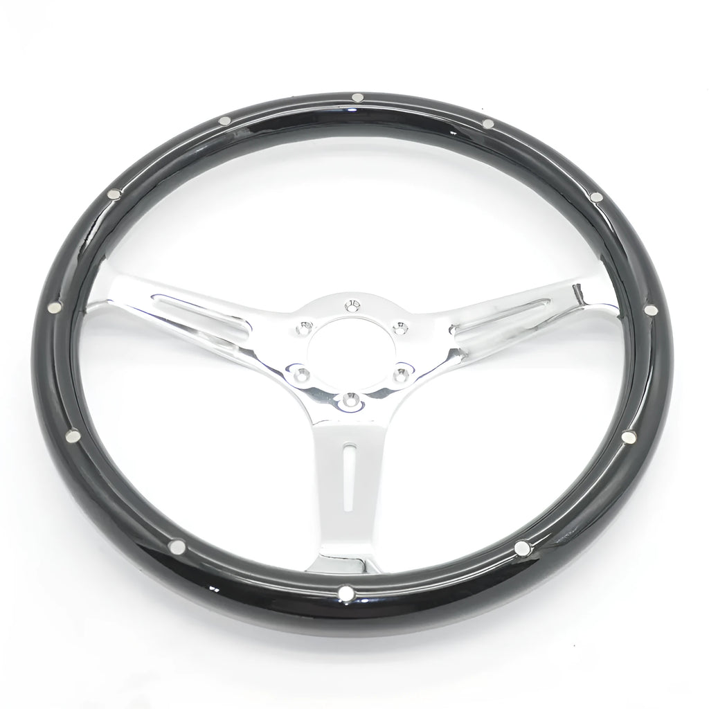 Black classic car steering wheel made from peach wood with a bright electroplated finish, showing six-hole bolt pattern.