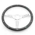Black classic car steering wheel made from peach wood with a bright electroplated finish, showing six-hole bolt pattern.