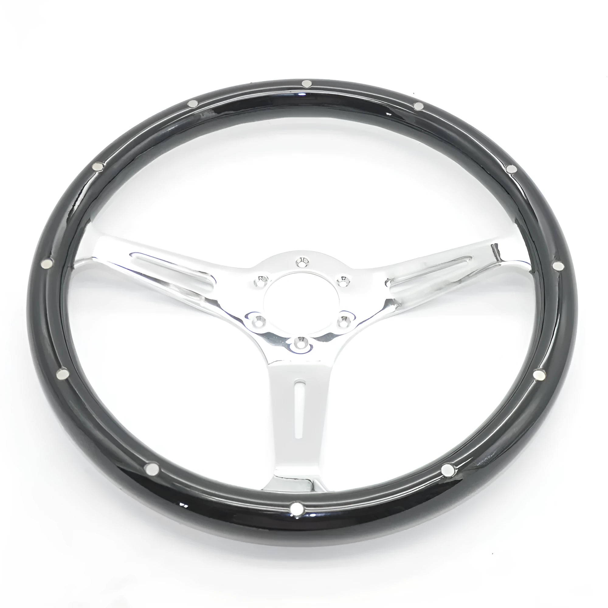 Black classic car steering wheel made from peach wood with a bright electroplated finish, showing six-hole bolt pattern.