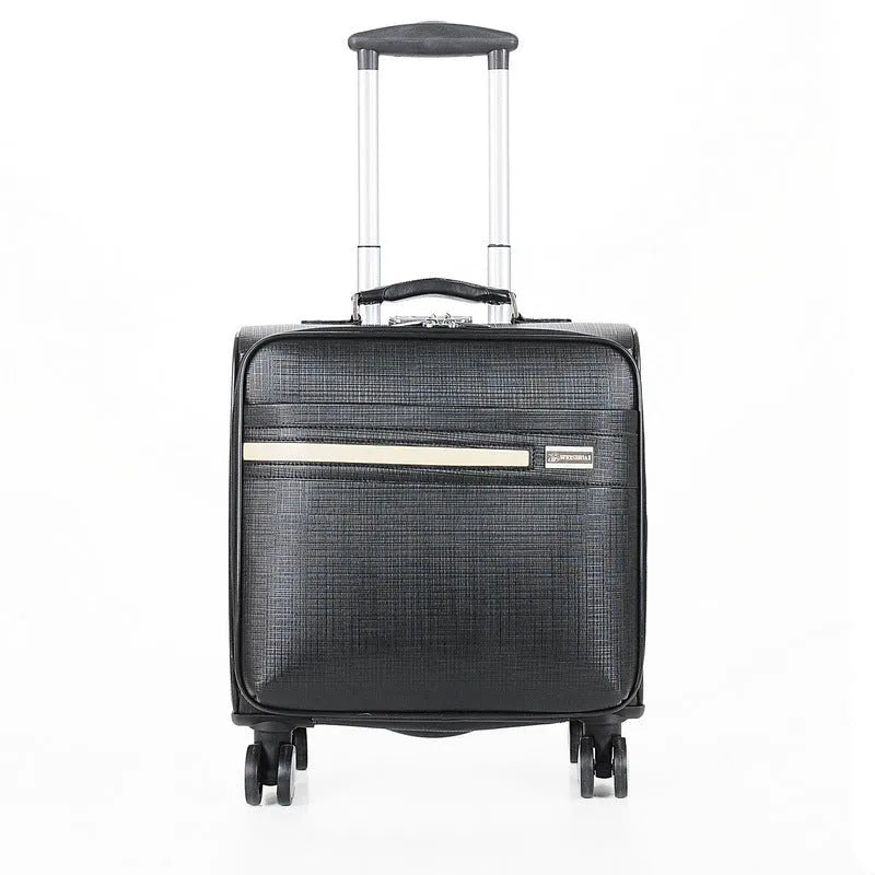 Black and brown 18-inch PU leather wheeled business case with key lock and airplane wheels.