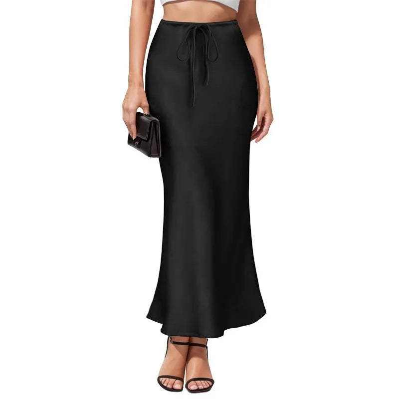 Asymmetric acetate satin skirt with irregular stitching detail in high waist design