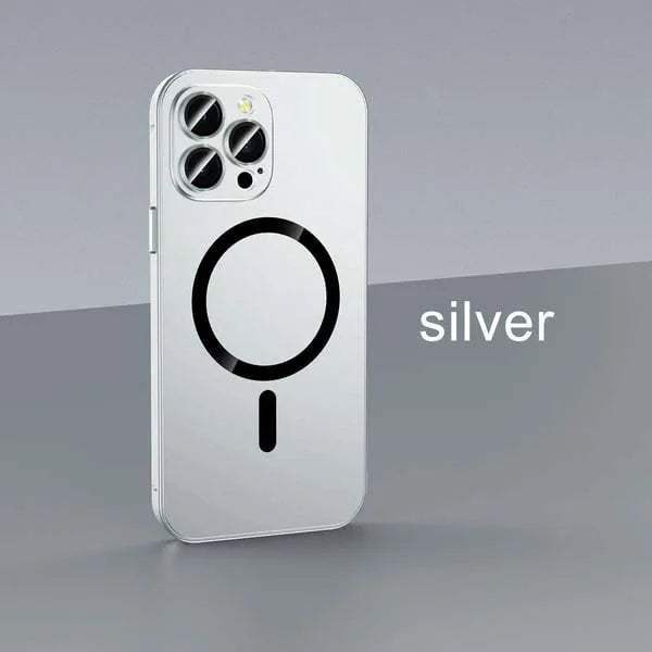 Aluminium alloy magnetic phone case showing dark purple colour with nickel piece and lens protection design