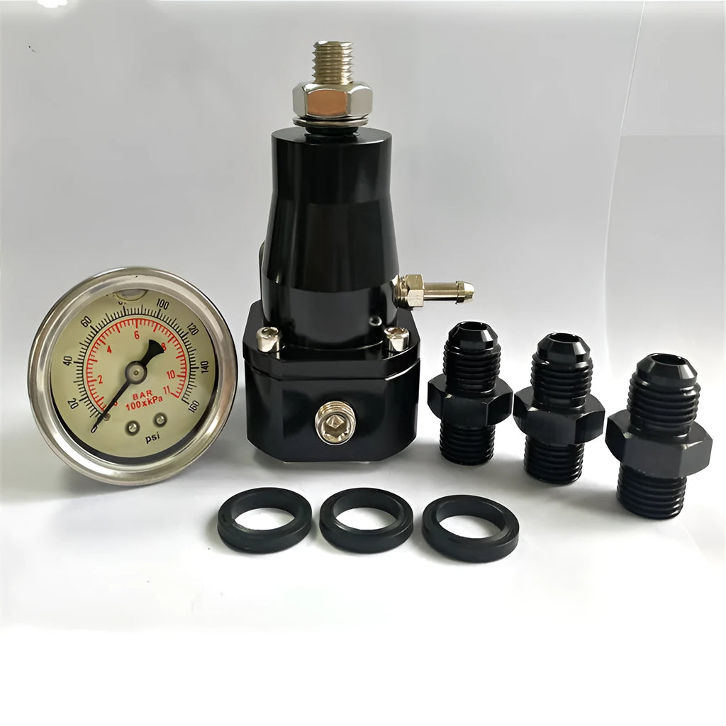 Black aluminium alloy fuel pressure regulator with adjustable pressure gauge and mounting strap