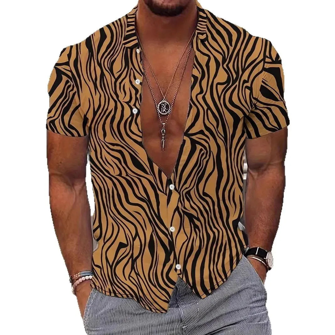 Men's slim fit geometric line print short sleeve shirt in a casual lapel style