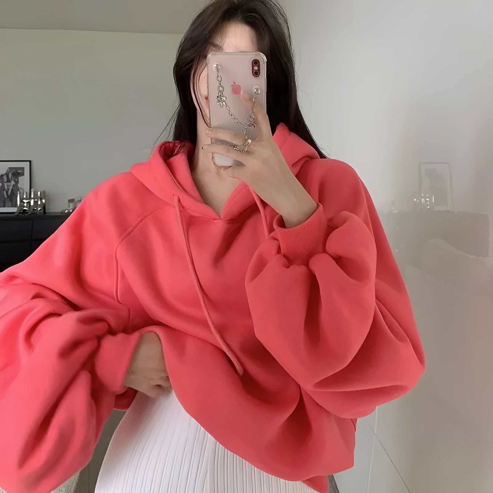Watermelon red women's loose hooded sleeveless sweater made from mulberry silk.