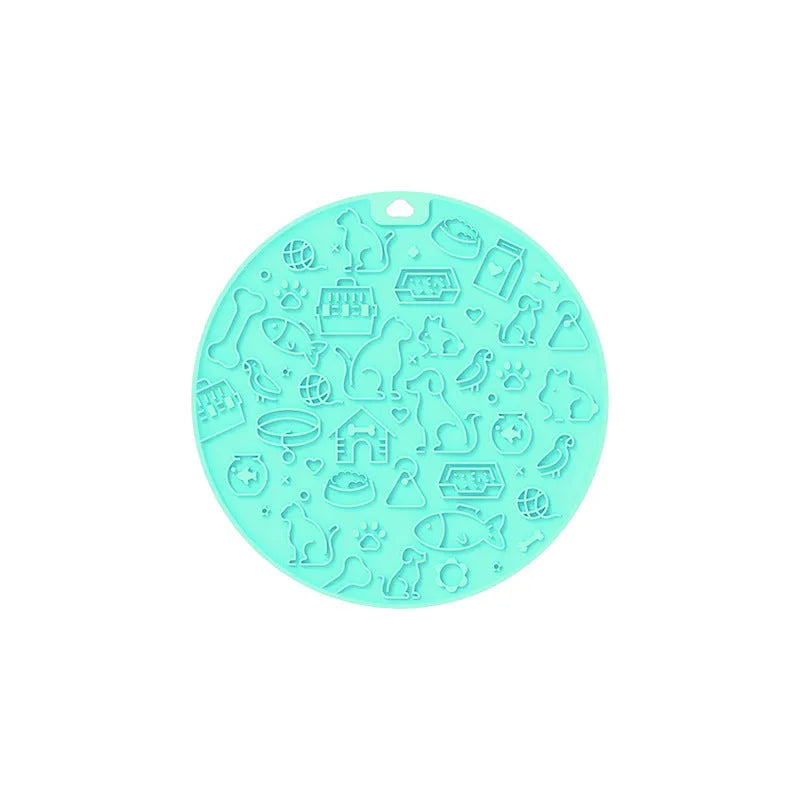 Round silicone pet licking mat with sucker base in blue colour variant