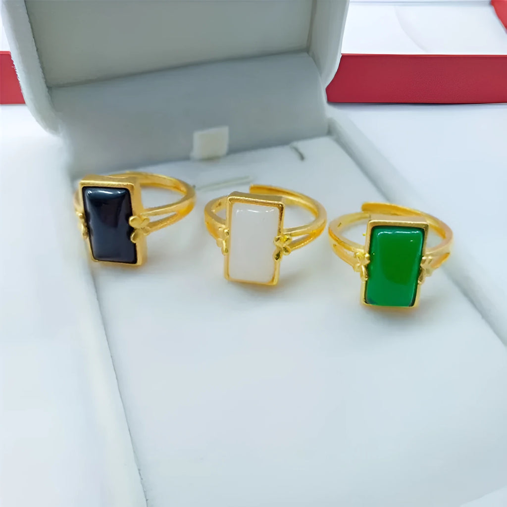 Brass gold-plated adjustable live ring with electroplated finish and artificial gemstone inlay options