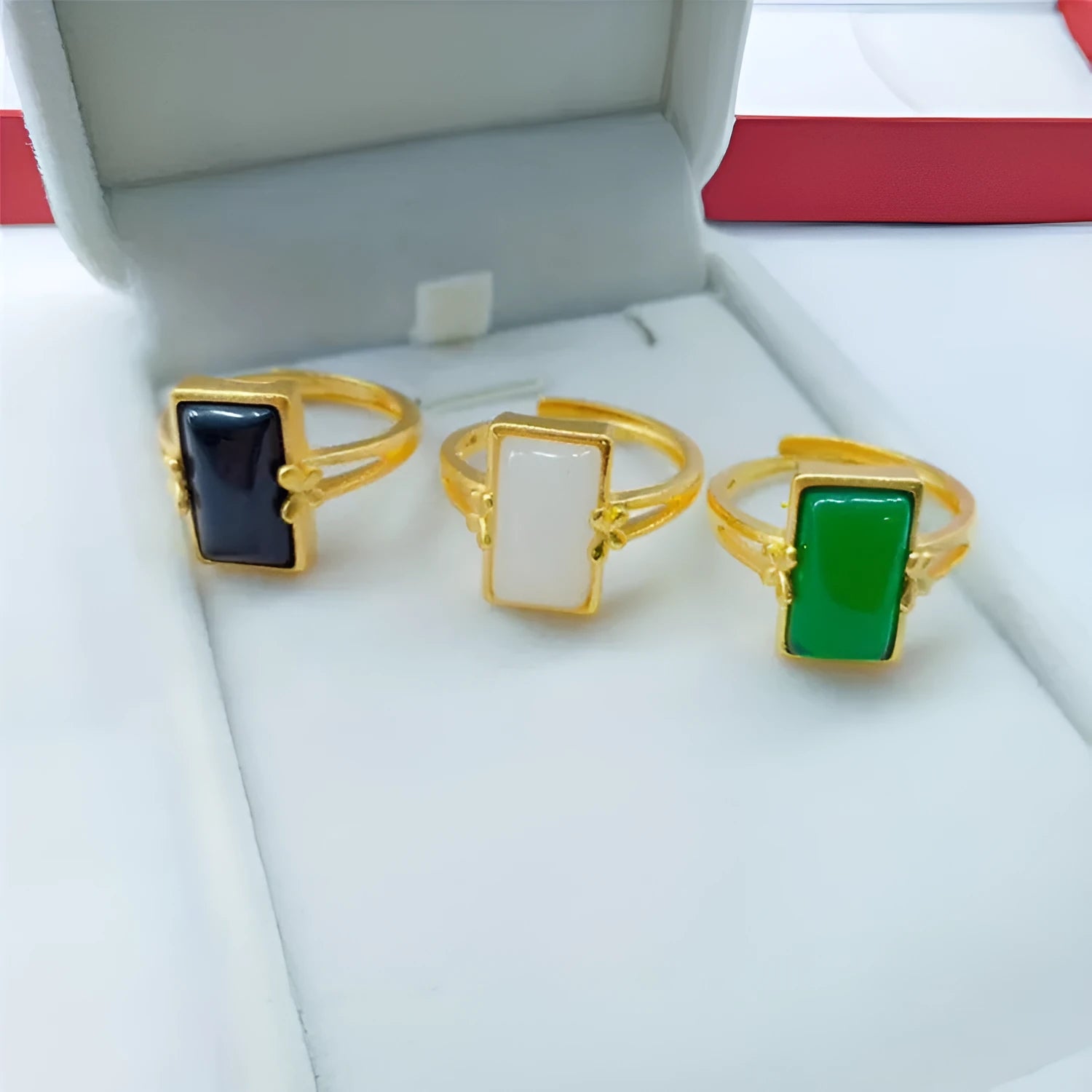Brass gold-plated adjustable live ring with electroplated finish and artificial gemstone inlay options