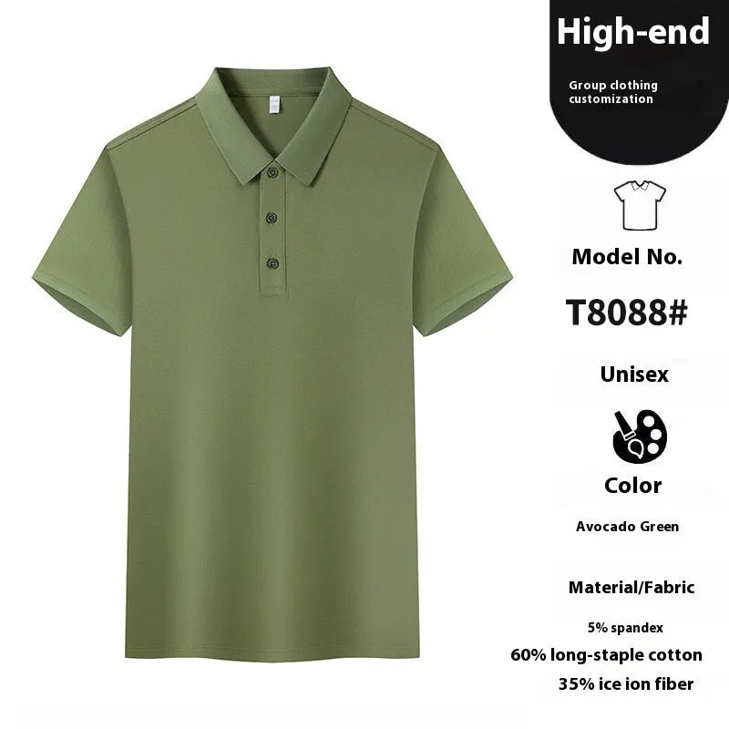 Man wearing a short sleeve polo shirt in a cotton spandex blend, showing colour options like aerospace blue and avocado green.