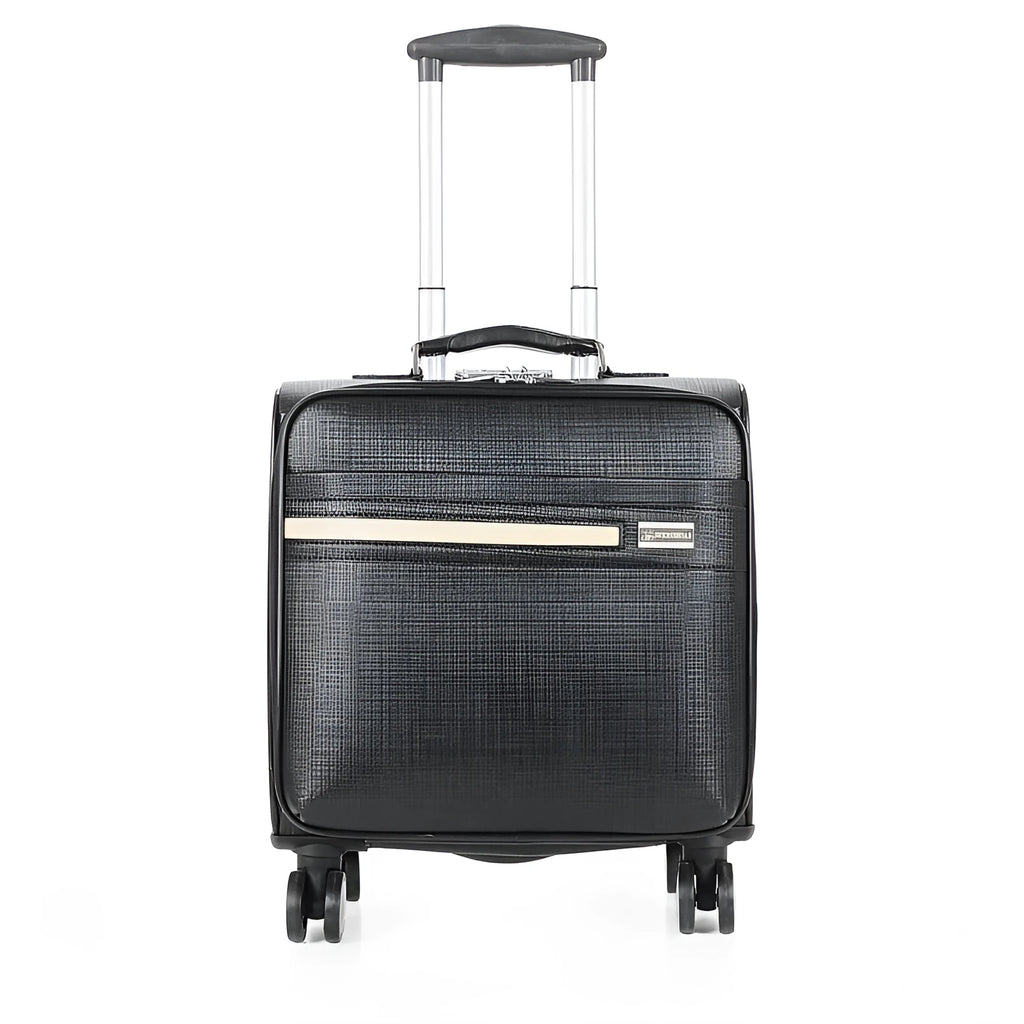 Black and brown 18-inch PU leather wheeled business case with key lock and airplane wheels.
