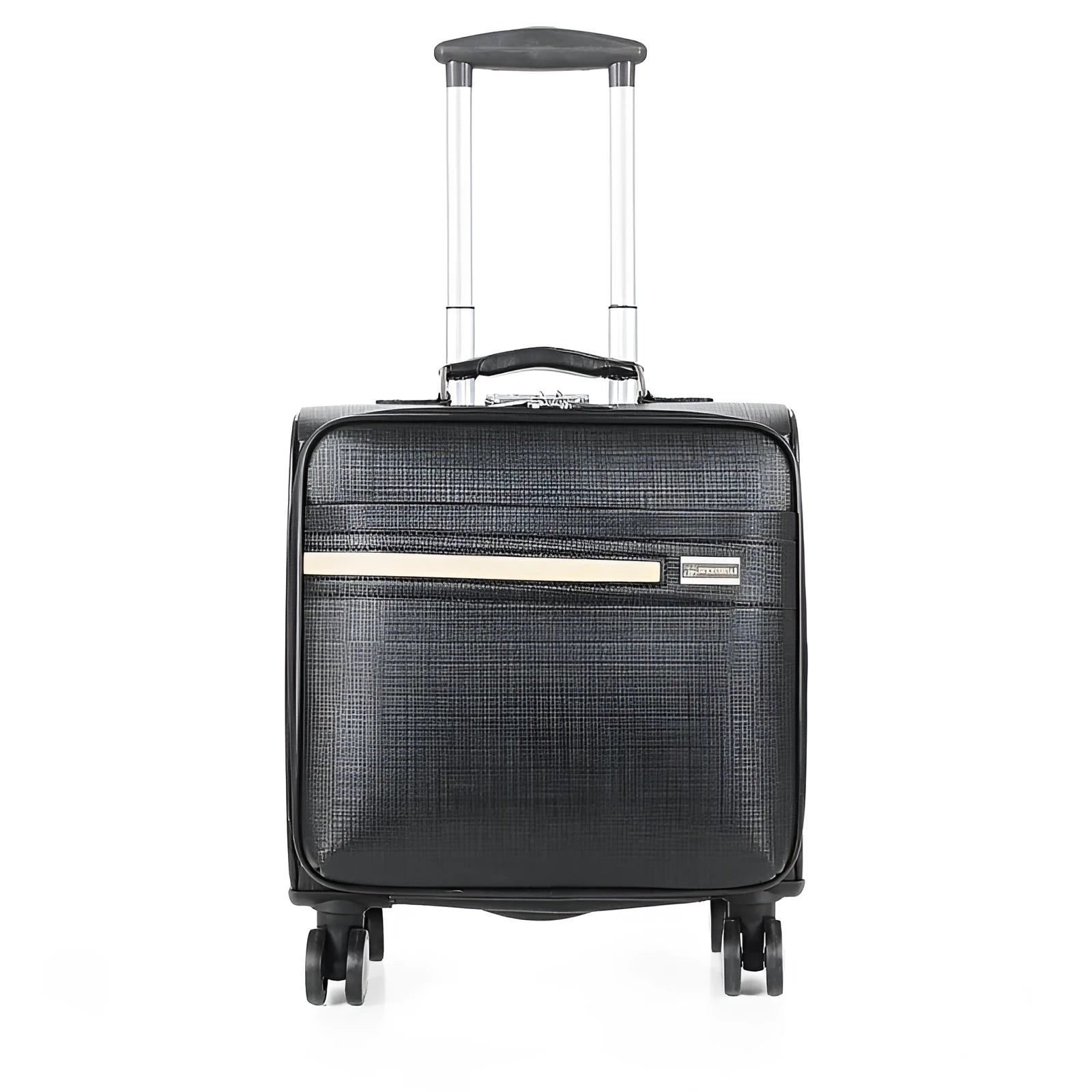 Black and brown 18-inch PU leather wheeled business case with key lock and airplane wheels.