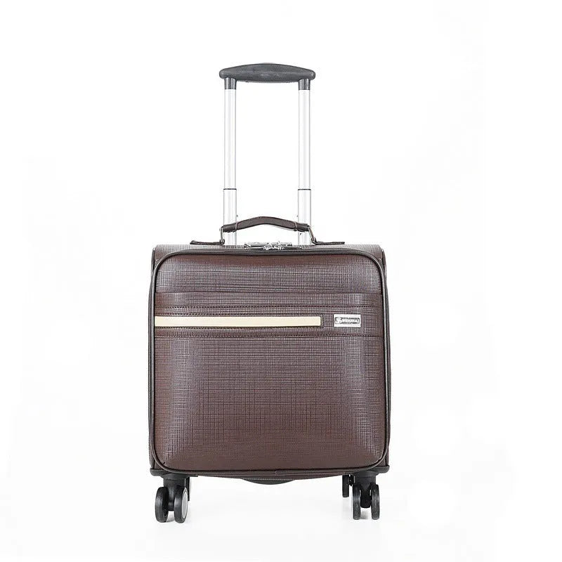 Black and brown 18-inch PU leather wheeled business case with key lock and airplane wheels.