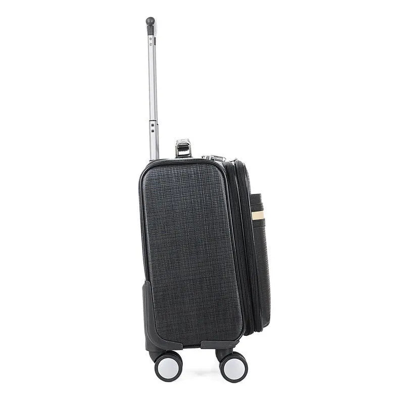 Black and brown 18-inch PU leather wheeled business case with key lock and airplane wheels.