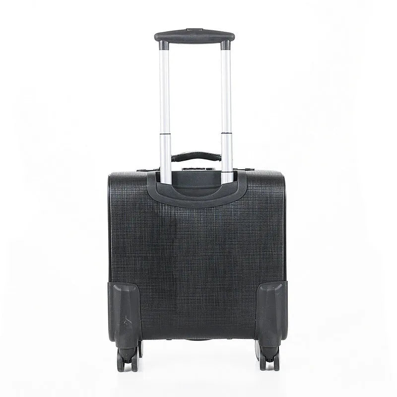 Black and brown 18-inch PU leather wheeled business case with key lock and airplane wheels.