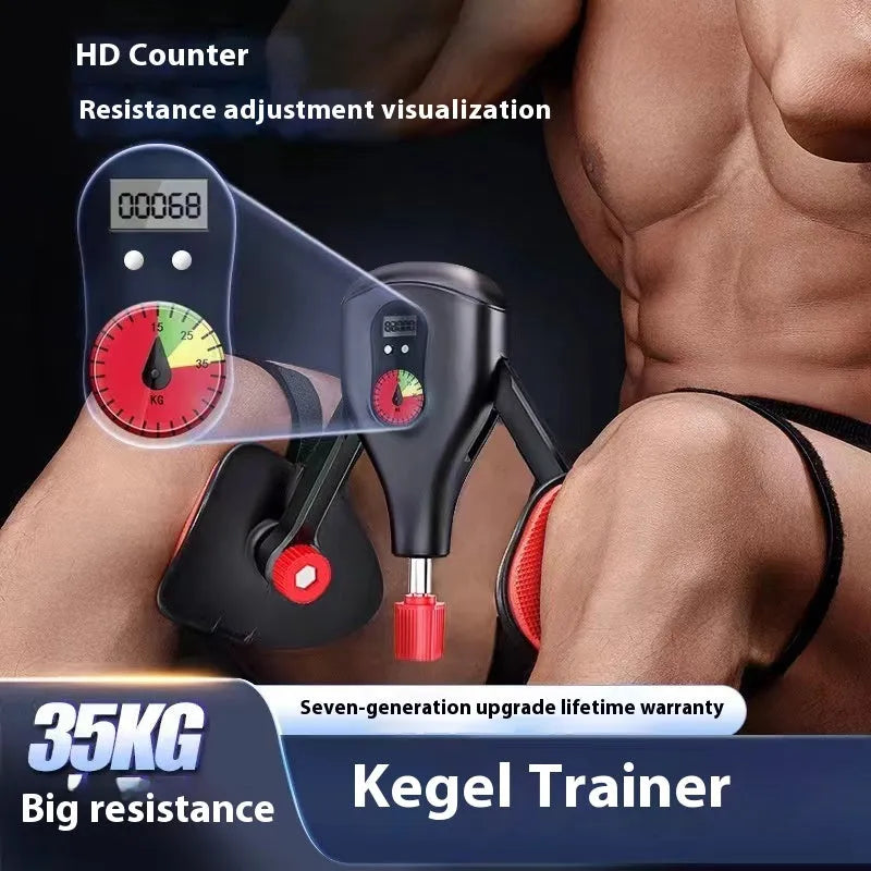 Men's black and grey Kegel trainer for PC muscle exercise, shown with and without straps and handle.