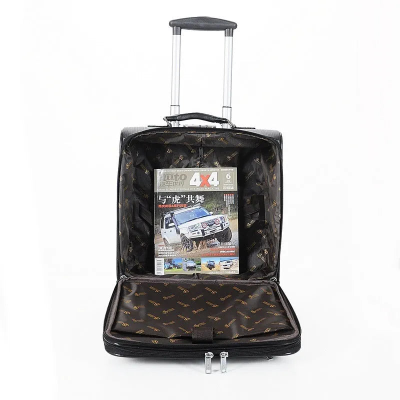Black and brown 18-inch PU leather wheeled business case with key lock and airplane wheels.