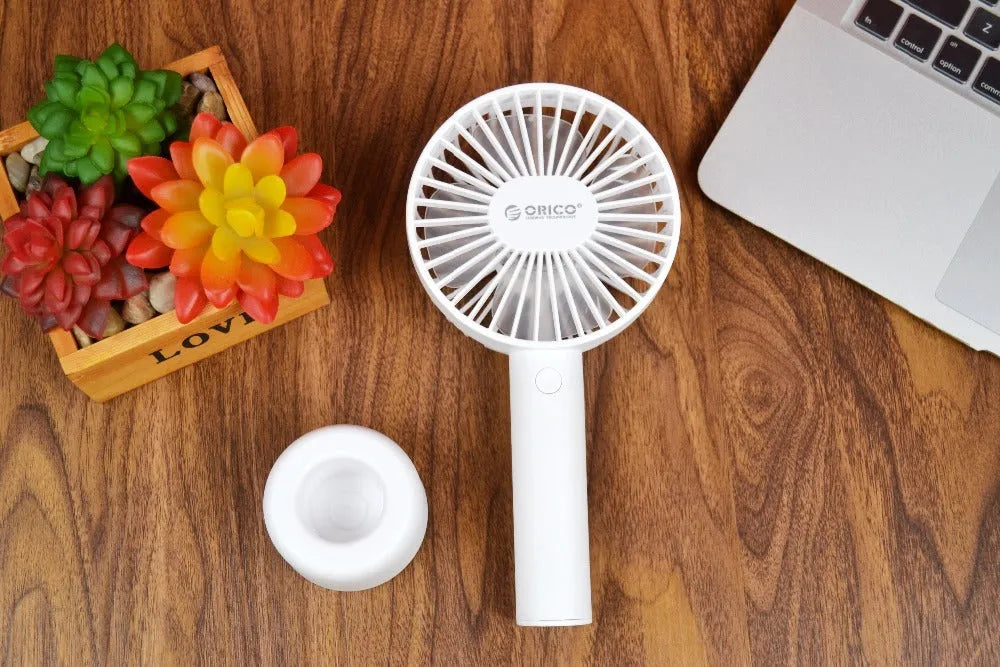 White USB rechargeable portable fan with three speed settings and 2000mAh battery