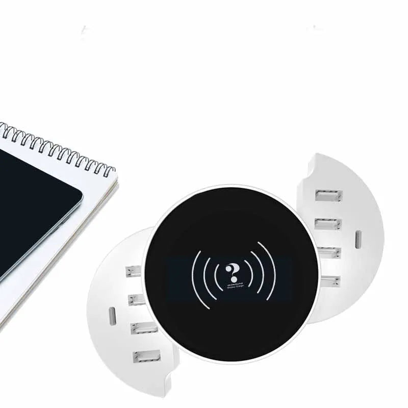 Ceramic white circular wireless charger with multiple ports and international adapters for smartphone charging
