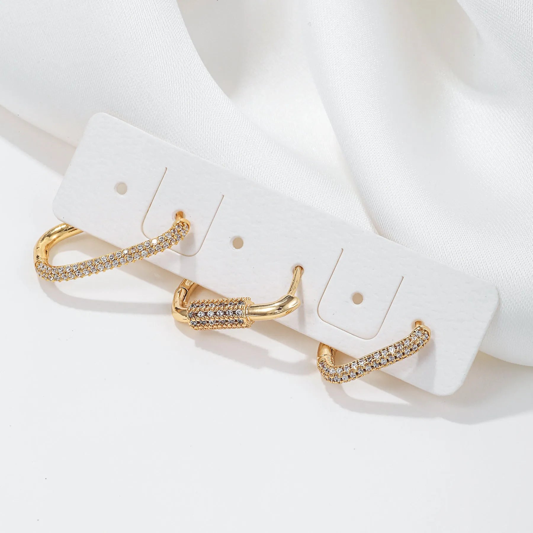 Geometric square ear clip set with micro inlaid zircon stones in gold and white k tones
