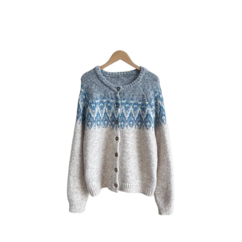 Women's loose fit jacquard sweater coat in milky white, brown or navy blue with long sleeves