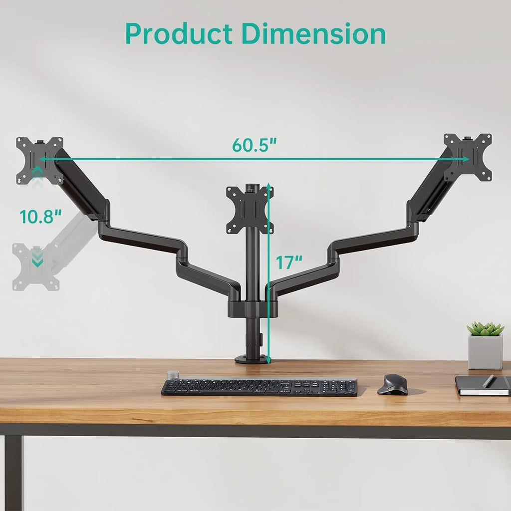 Black three-arm gas spring monitor arm for 13 to 27 inch computer screens