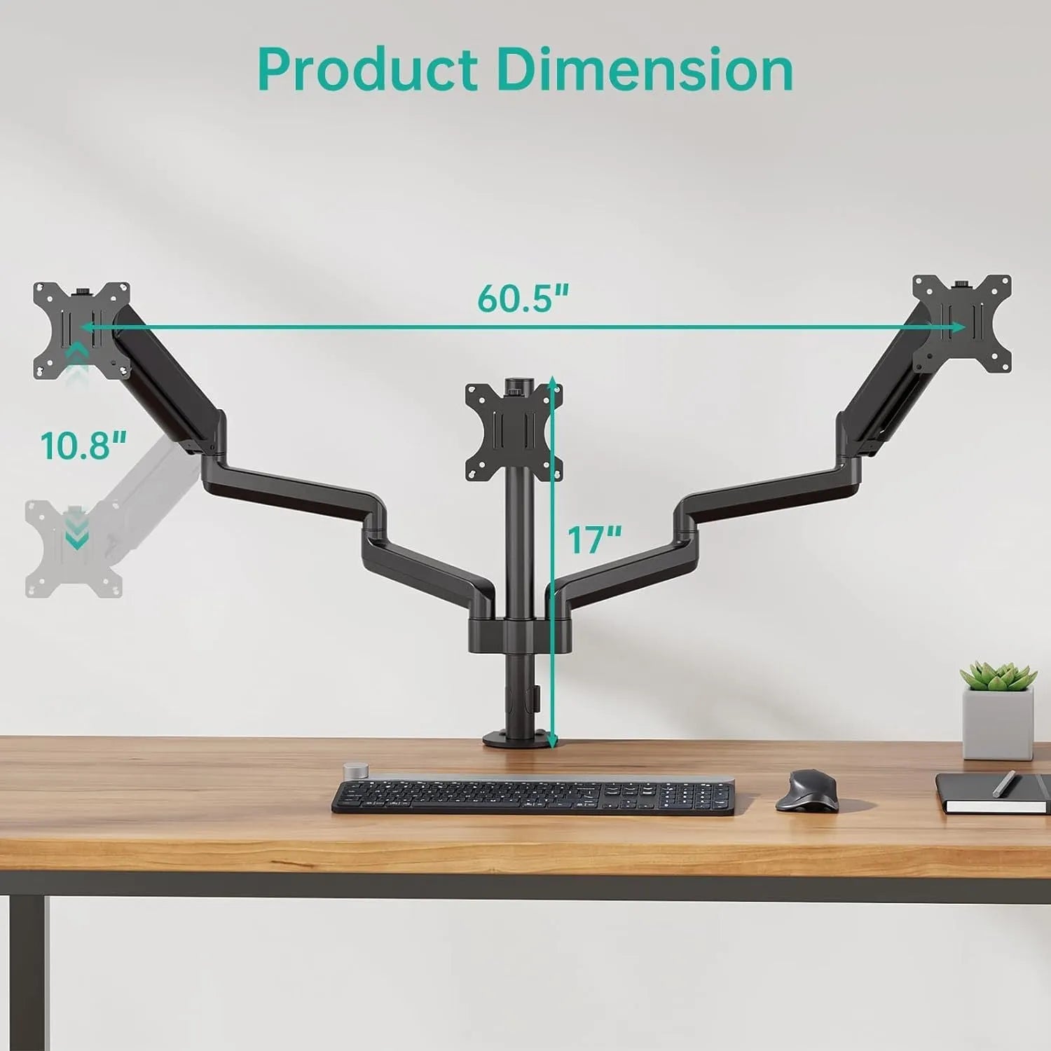 Black three-arm gas spring monitor arm for 13 to 27 inch computer screens