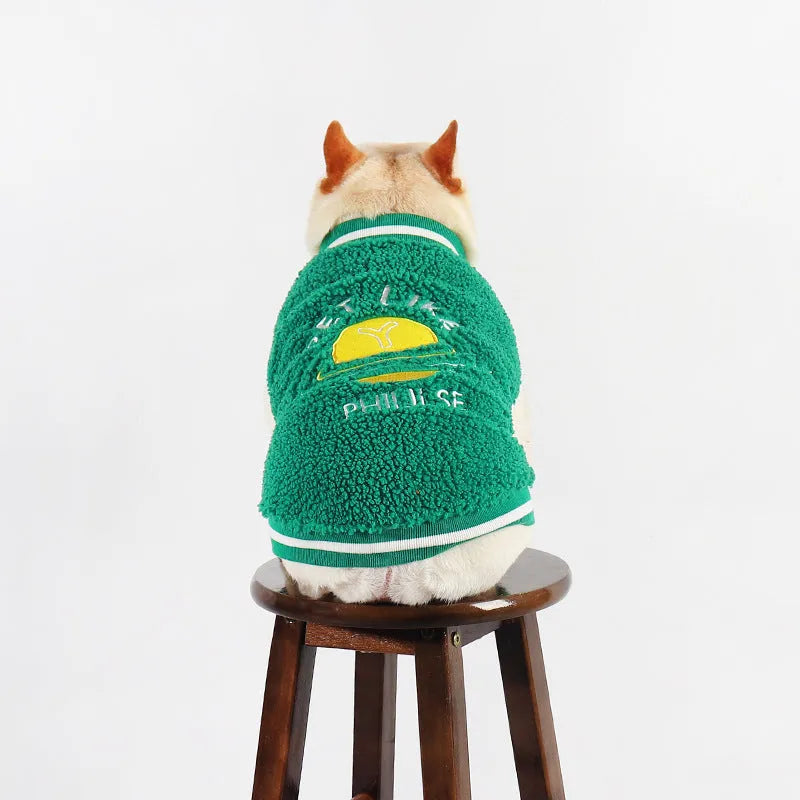 Green fleece-lined dog coat for winter with cotton exterior and multiple size options