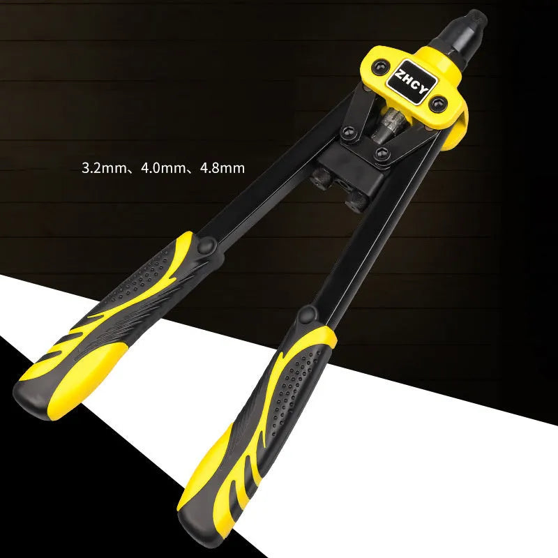 Yellow aluminium alloy manual rivet gun with 13-inch handle and built-in tips.