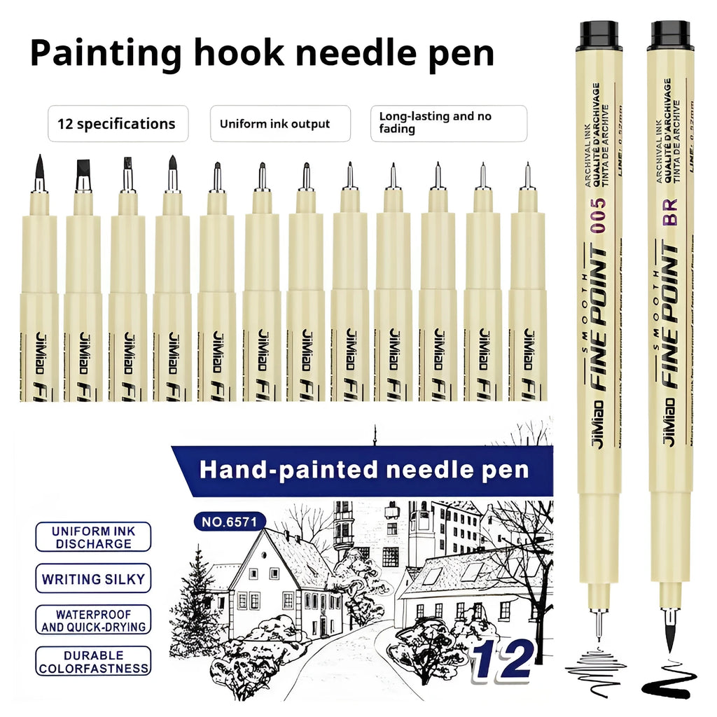 Waterproof needle pen with black ink and hook line art cartoon design on 133mm plastic body