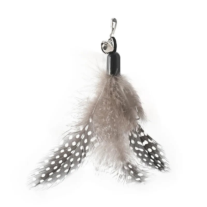 Wooden handle cat teasing stick with feather and bell attachment in one of four colour options