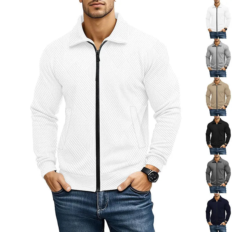 Men's solid colour cotton blend British style jacket with turn-down collar on a hanger.
