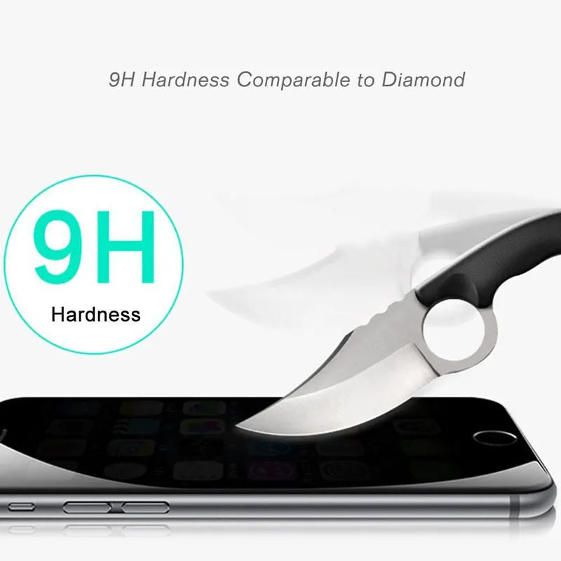 Black anti-peeping tempered glass screen protector for iPhone on a white background.