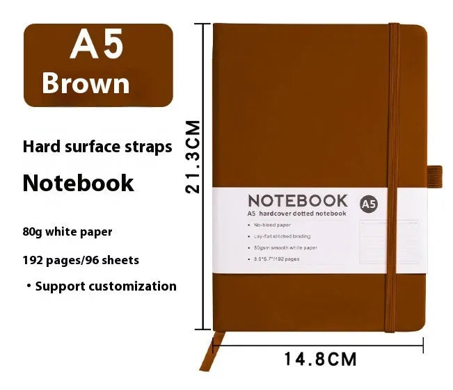 A5 soft touch PU leather notebook open on lined pages, shown in multiple colour options.